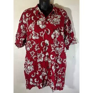 Pineapple Connection Men's L Red Floral Hibiscus Button Up Shirt Vacation